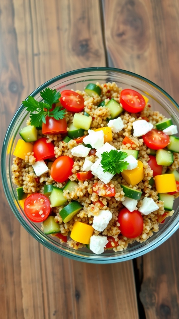 Mediterranean quinoa salad with cherry tomatoes, cucumbers, bell peppers, and feta cheese in a glass bowl.